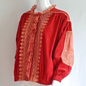 1970's Persimmon Orange Corduroy & Lace Blouson Style Jacket